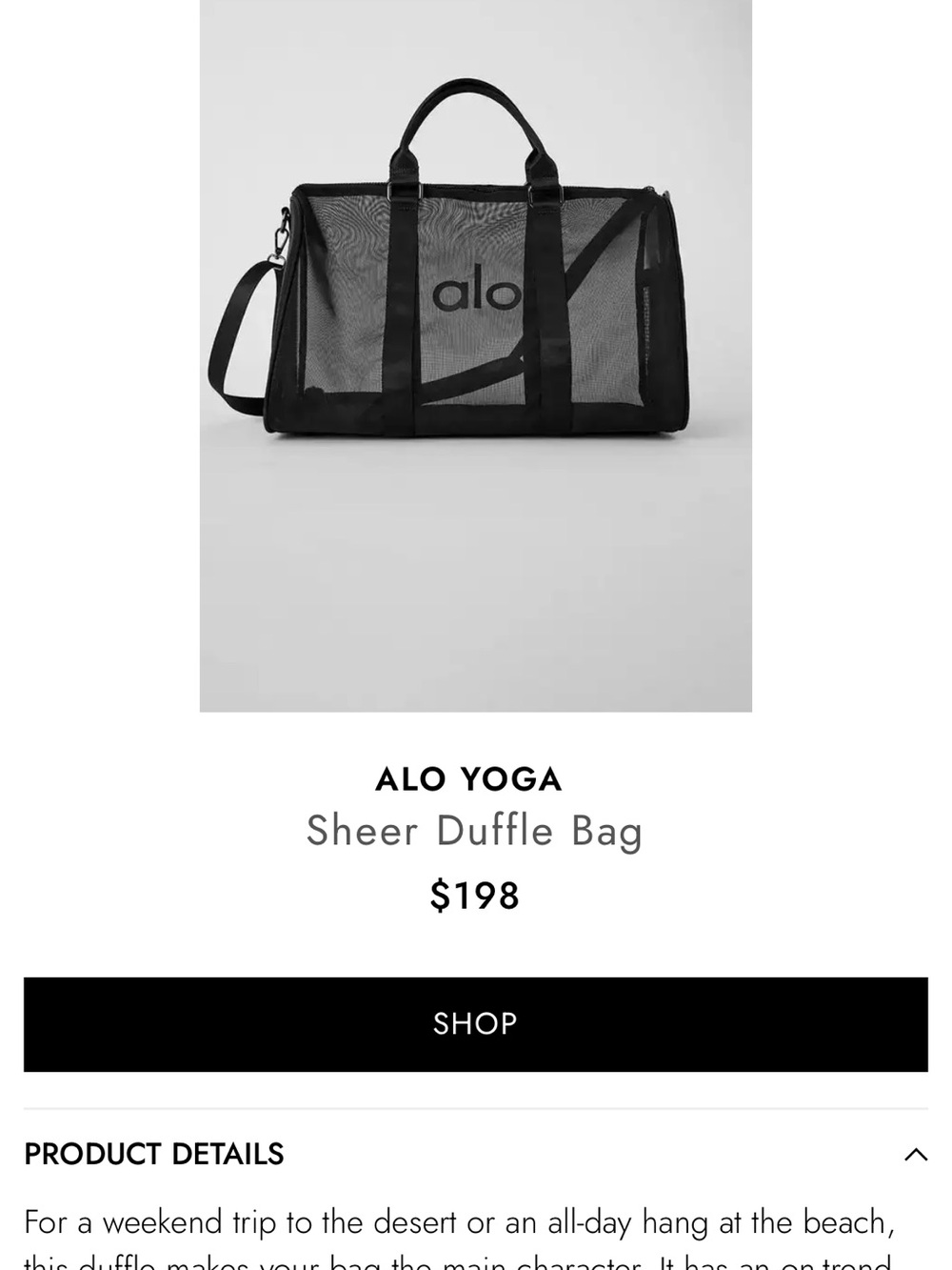 ALO Yoga Black Mesh Duffle Bag with Removable Strap